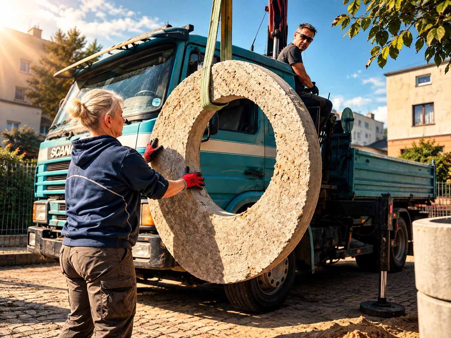 Dostawa betonowego elementu studni na plac budowy